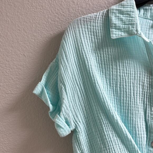 H). Self Esteem Button Down Shirt Short Roll Up Sleeve Teal Blue Medium - Picture 4 of 14